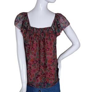 Vintage Juicy Couture Blouse Size 6 Sheer Pixel Floral Print Fully Lined Bodice